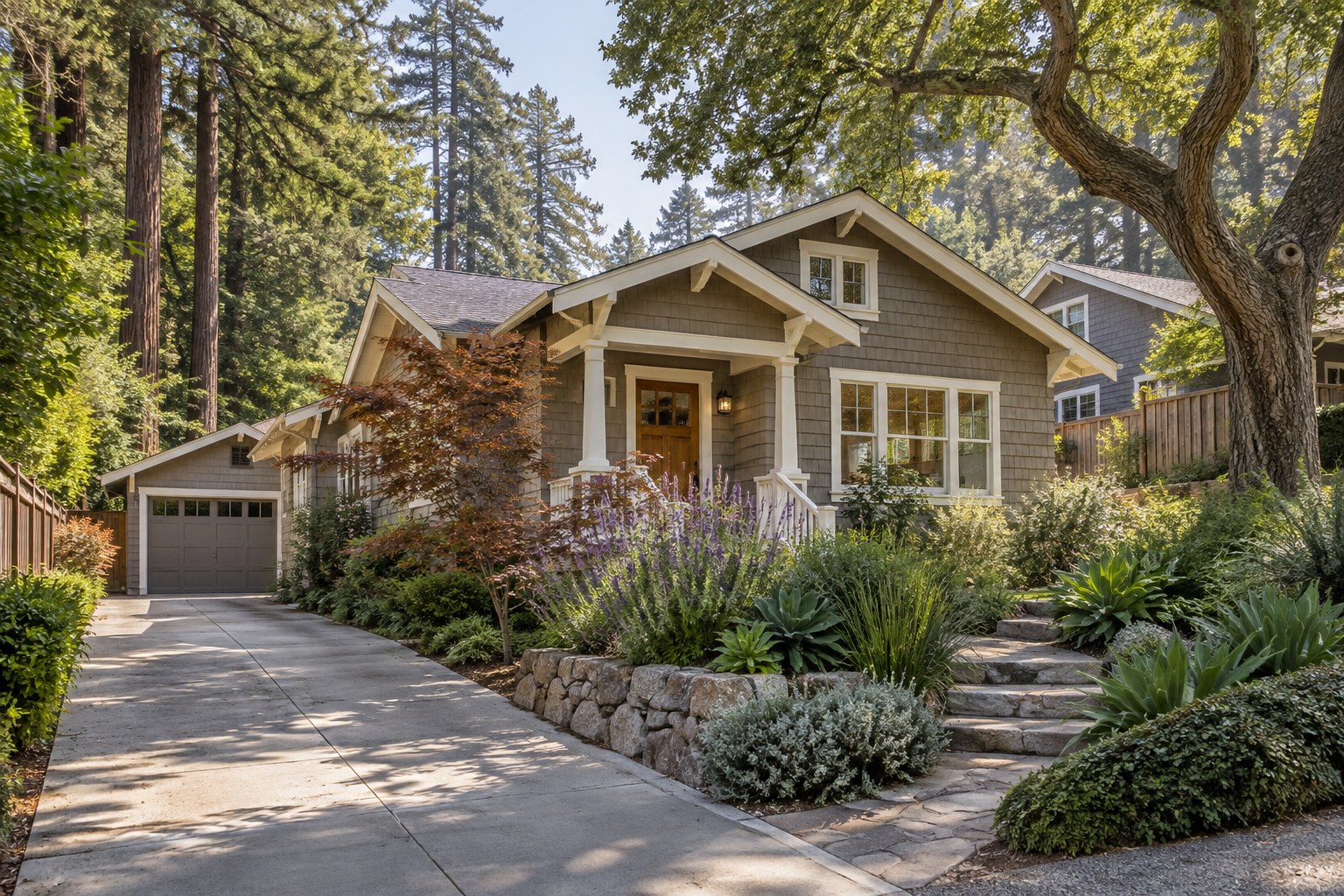 A quiet Aptos street lined with trees and coastal homes, illustrative