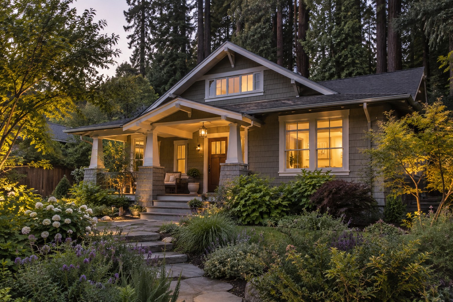 A coastal California home with redwoods and soft evening light, illustrative