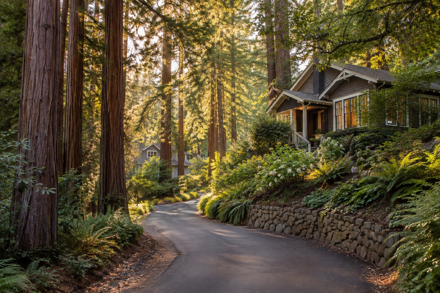 An Aptos street with trees and coastal homes, illustrative