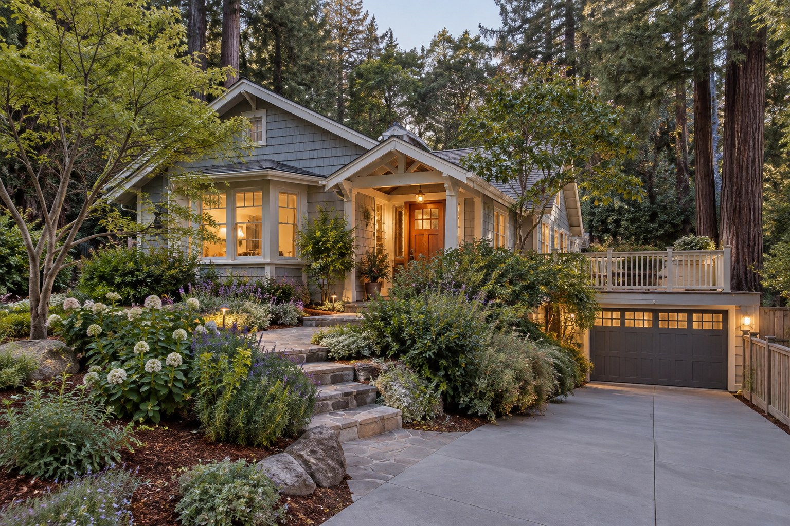 A coastal California home at dusk, illustrative
