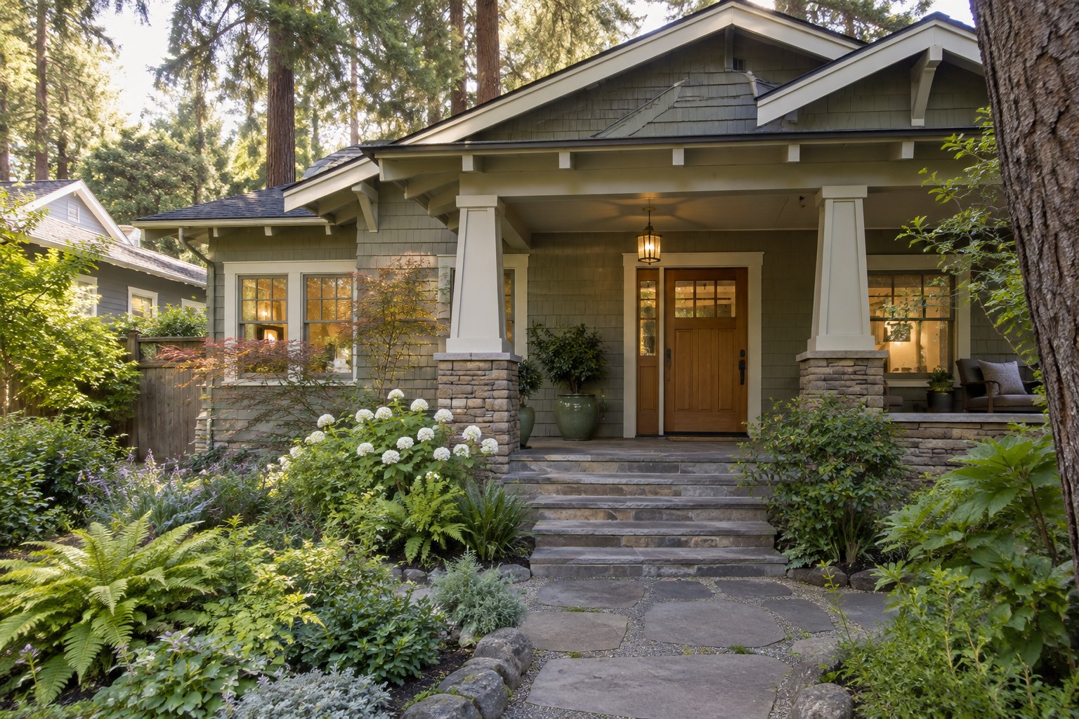 A covered front entry of a California home, illustrative